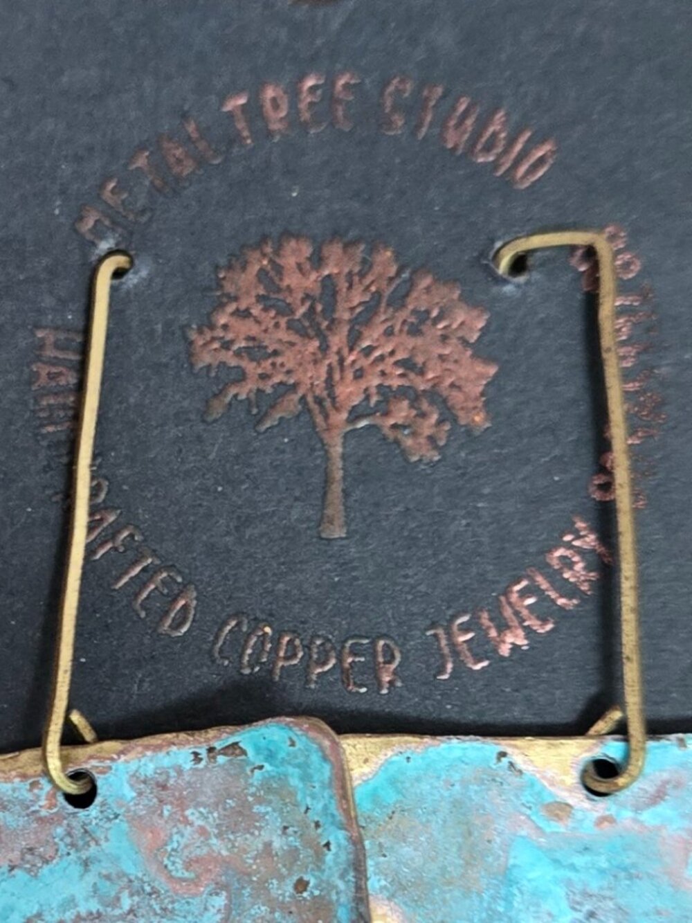 Metal Tree Studio Artisan Brass Turquoise Patina Square Earrings - Picture 4 of 6